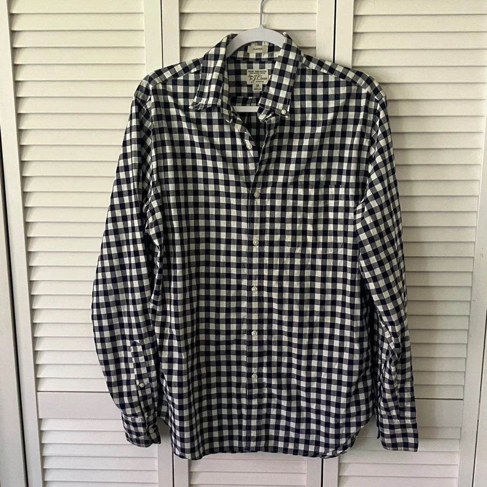 J.Crew Men's Secret Wash Shirt in navy & white gingham print size M cotton